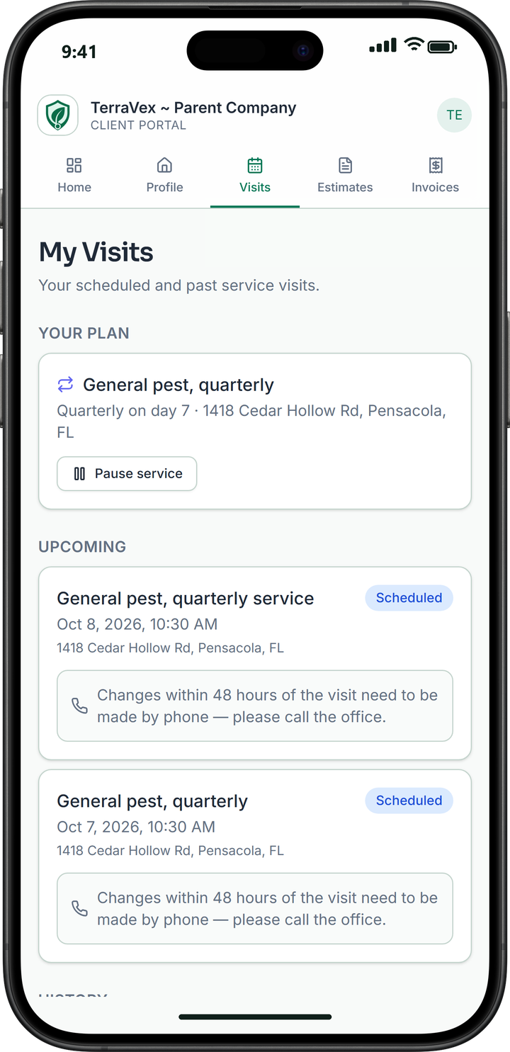 The customer portal on an iPhone: the customer's plan and upcoming visits.