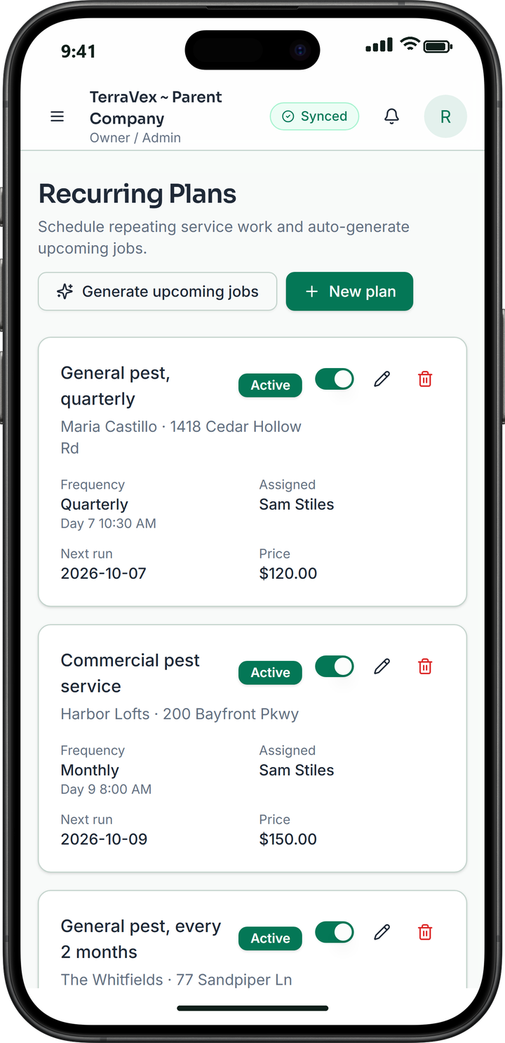 Recurring plans: quarterly, monthly and every-2-months service with the assigned technician, next visit and price.