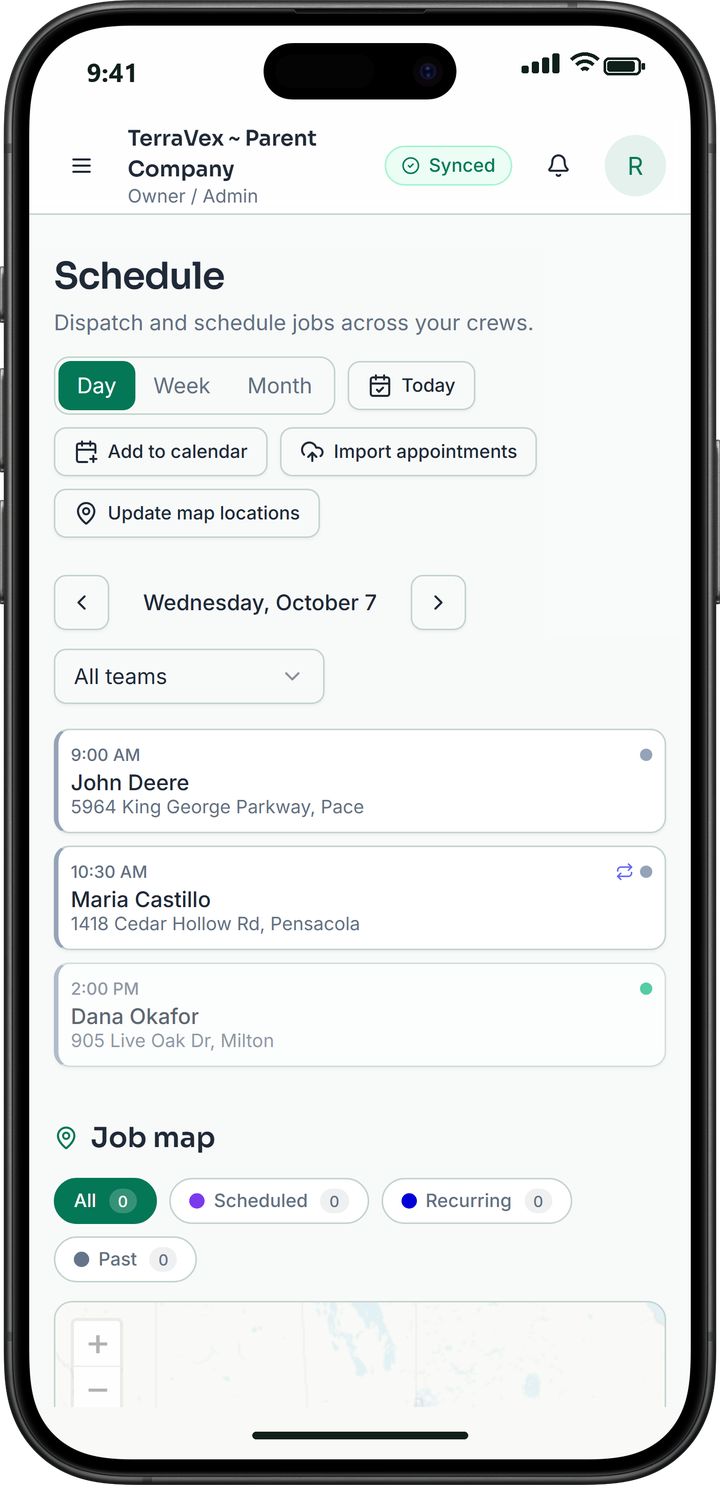 The schedule on an iPhone: the day's visits by time with technician assignments and the job map.