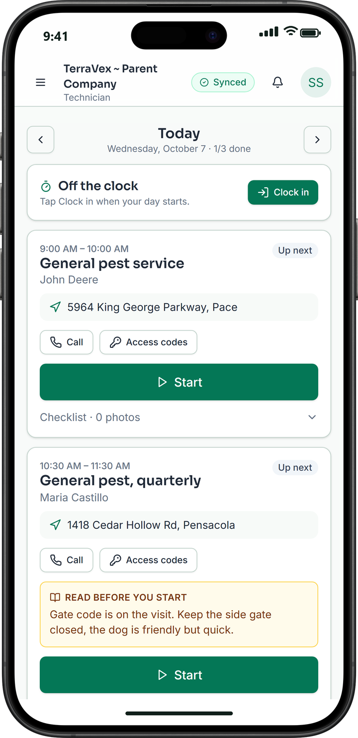 The technician's Today screen on an iPhone: the morning's visits with Start buttons, a gate-code note to read before starting, and the clock-in bar.