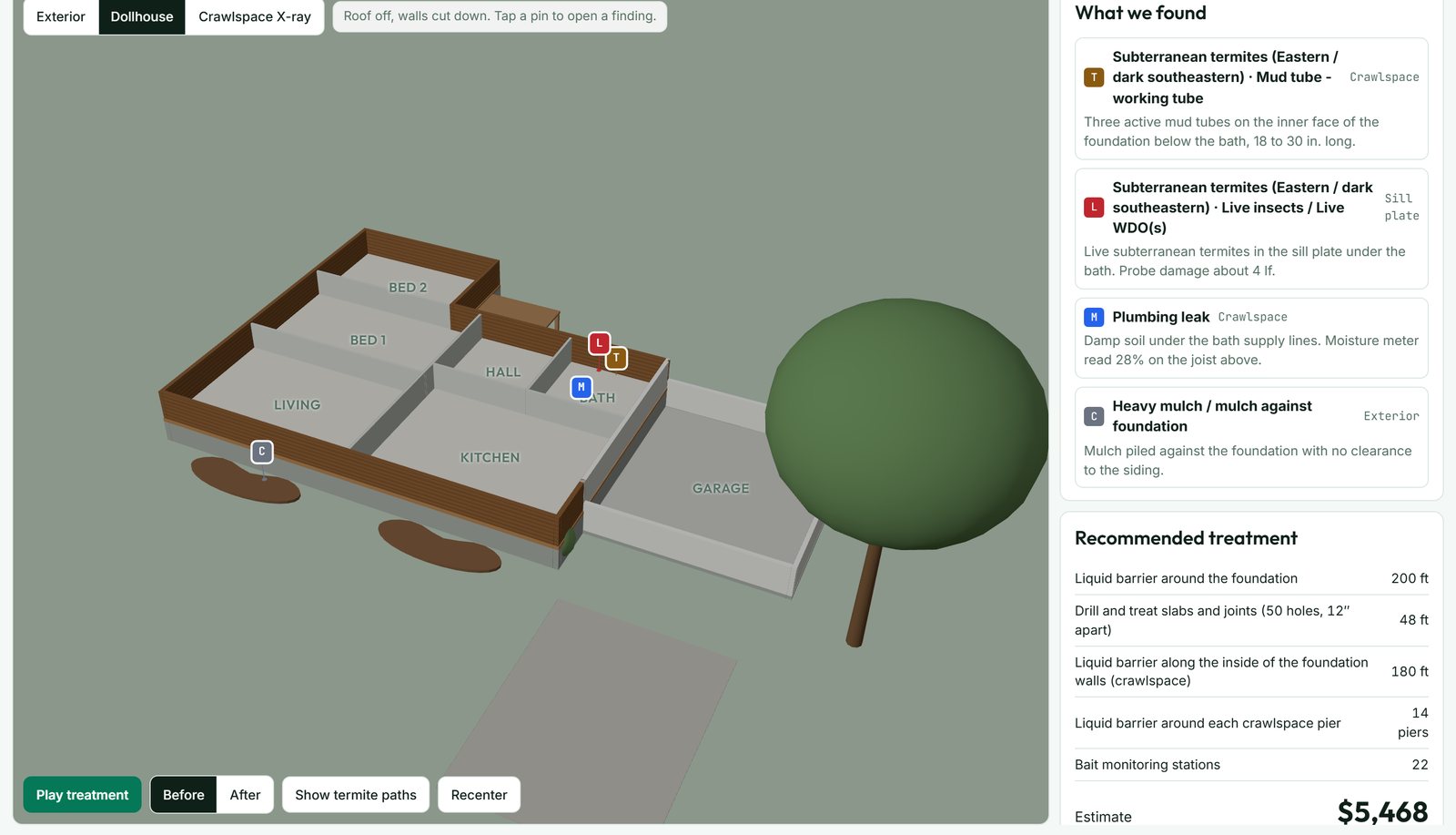 The customer report: findings pinned on the 3D house, what was found, the recommended treatment in feet and piers, and the estimate.